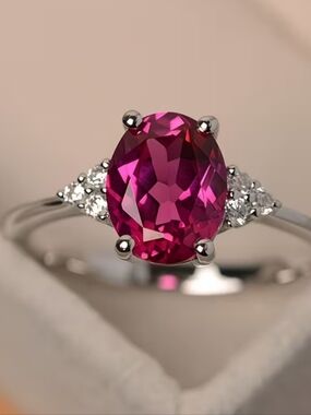 Elegant Oval Shaped Raspberry Color Silver Tone Ring